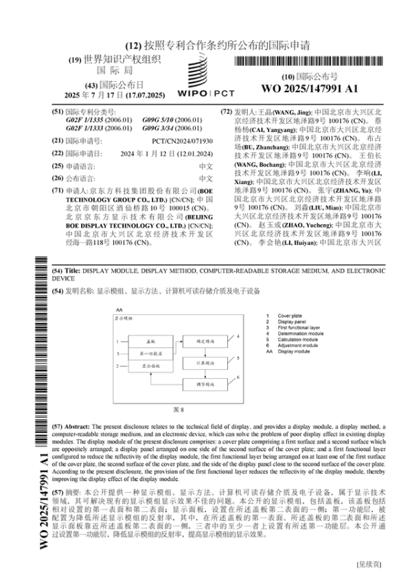 中承配资 京东方Ａ公布国际专利申请：“显示模组、显示方法、计算机可读存储介质及电子设备”